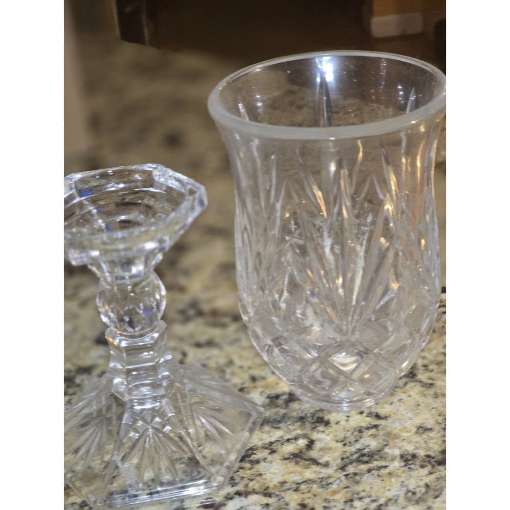 11.5" Crystal Fairy Lamp Hurricane Lamp Candlestick Holder Godinger 2pc Set Two